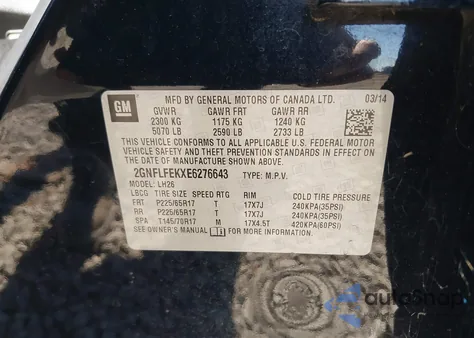 2014 Chevrolet Equinox 1Lt из США, поврежденный, VIN 2GNFLFEKXE6276643